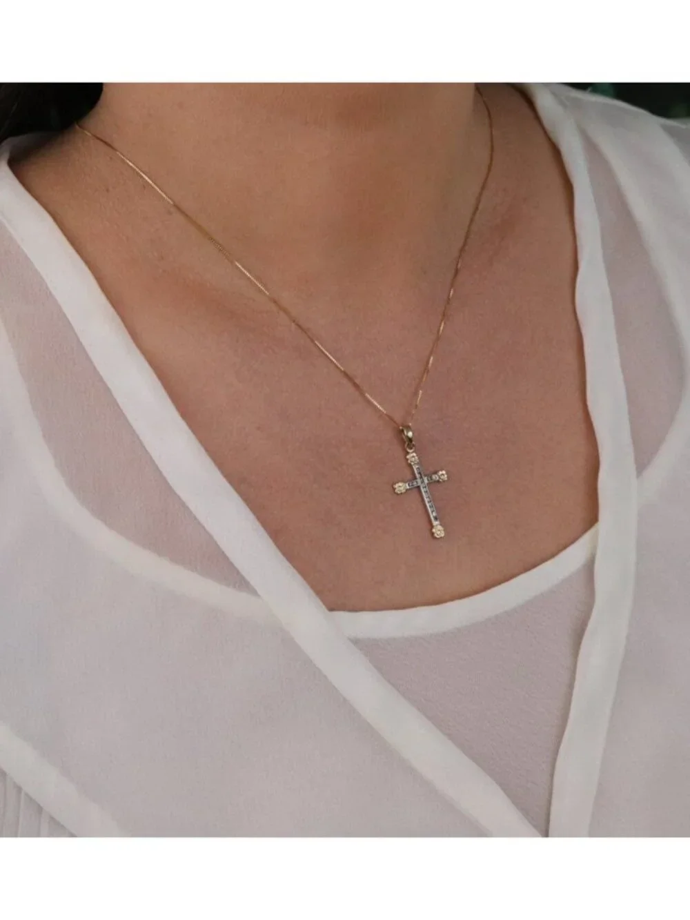 Pendant Only 14K White & Yellow Gold Diamond Cross Pendant 1 1/4" x 5/8" inch - Picture 3 of 7